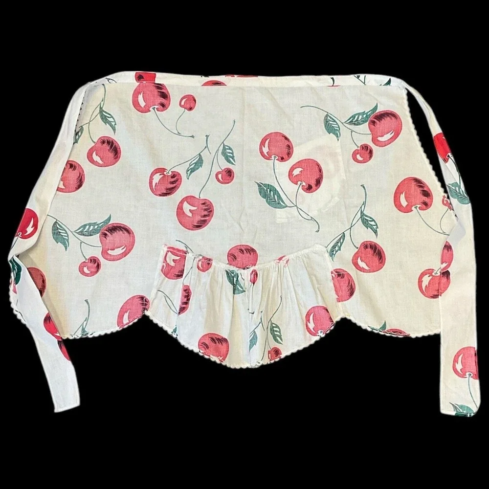 Vintage Apron Handmade Red Cherries on White Slant Pocket Rick‎ Rack Embellished